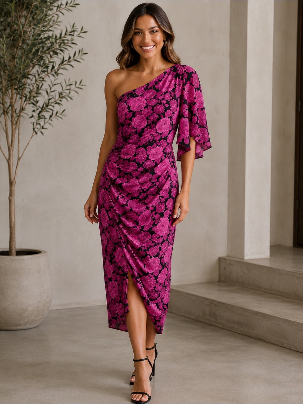 The Impeccable Pig Floral One Shoulder Ruched Asymmetrical Midi Dress Size Small
